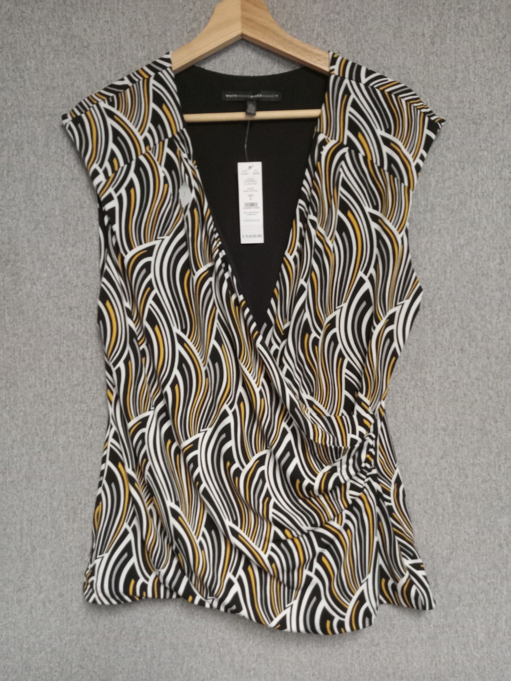 White House Black Market Black, White & Gold Wrap-Style Blouse